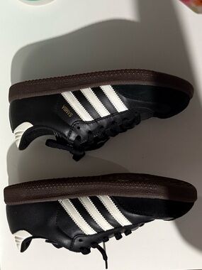 adidas Black Leather Sneakers with White Stripes and Brown Sole